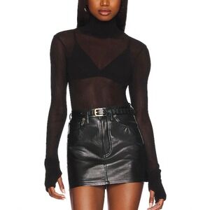 ENZA COSTA Cotton Mesh Cuffed Turtleneck Top Women Small Black Sheer Long Sleeve